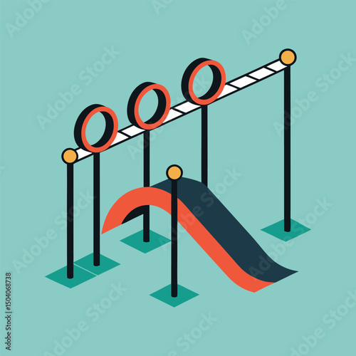 Isometric playground illustration with archway and slide on teal background
