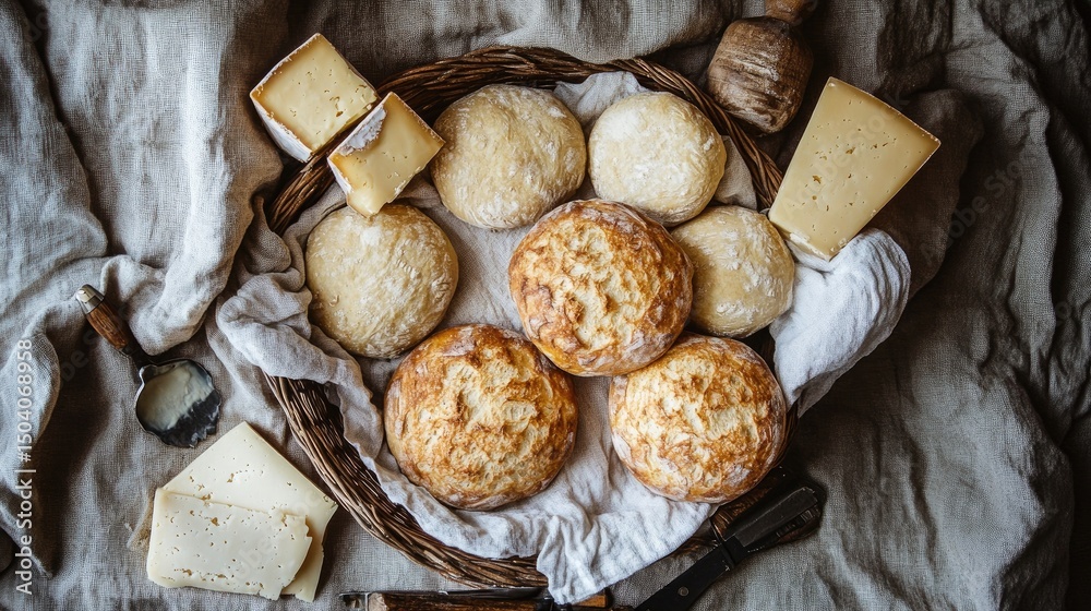 Fototapeta premium Overhead view of round cheese bread arranged in a basket lined with linen, surrounded by baking tools and cheese blocks