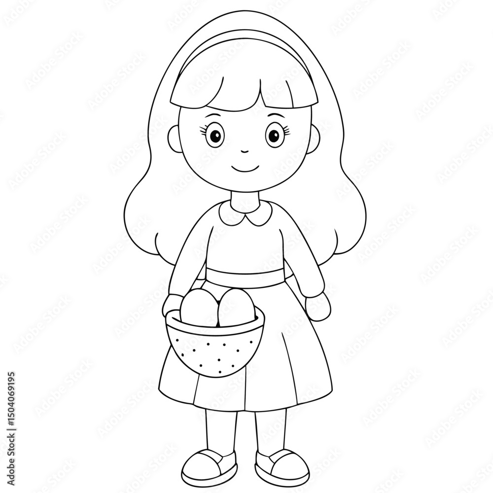 Obraz premium Young girl with long hair happily carries a polkadotted basket holding eggs