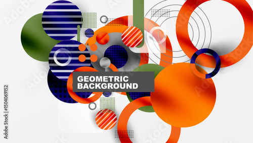 Abstract geometric shapes overlap, creating dynamic composition. Vivid colors, gradients, lines define modern design.