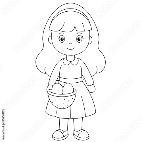 Young girl with long hair happily carries a polkadotted basket holding eggs