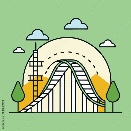 Fun roller coaster ride vector illustration with mountains and clouds background