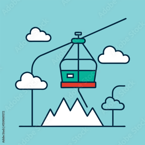 Minimalist ski resort illustration with gondola and mountain peak under clouds