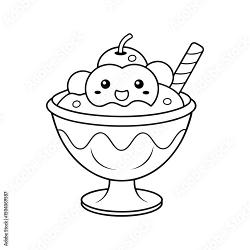 Ice Cream Sundae Adult and Kids Coloring Page Vector