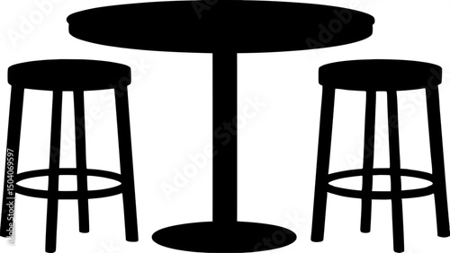 Minimalist silhouette of a round table and two stools, all with clean, circular seats and no backrests, viewed from above in a balanced layout.