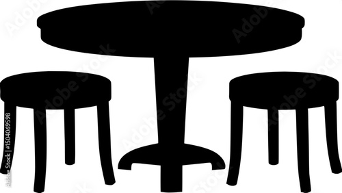 Minimalist silhouette of a round table and two stools, all with clean, circular seats and no backrests, viewed from above in a balanced layout.