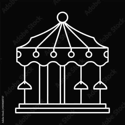 Minimalist white outline illustration of a classic carnival carousel on black background