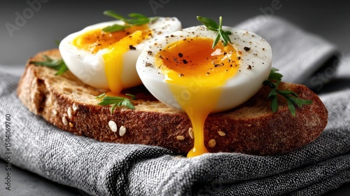 Delicious boiled egg on toasted bread served for breakfast on a white table with a gray background