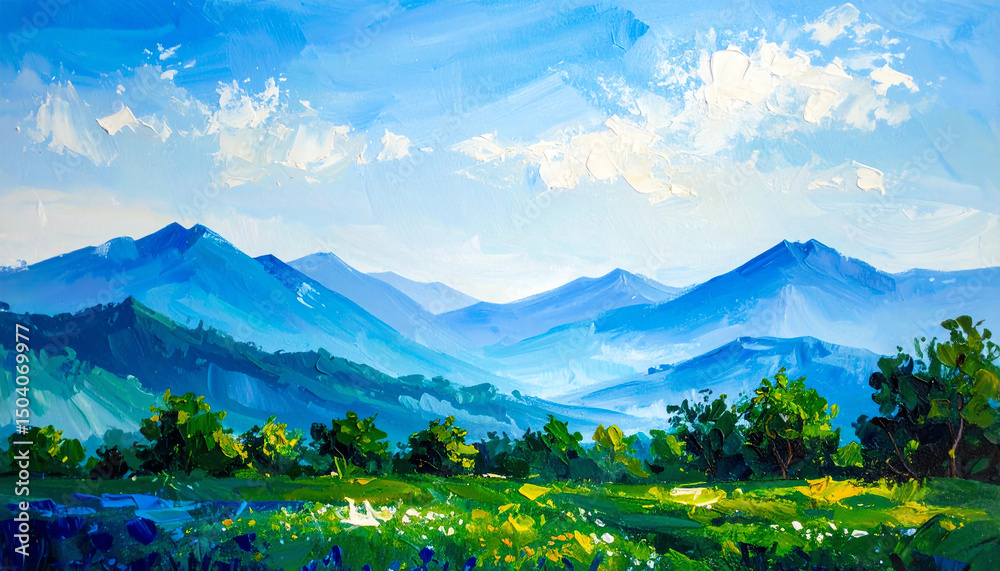 Fototapeta premium Richly colored landscape showcasing distant mountains and lush greenery during a bright day with vibrant skies. Textured oil painting illustration.