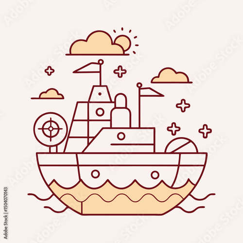 Cute line art illustration of a boat surrounded by clouds and stars