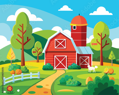 Picturesque Farm Scene. Red Barn. Lush Fields. and a Peaceful Countryside