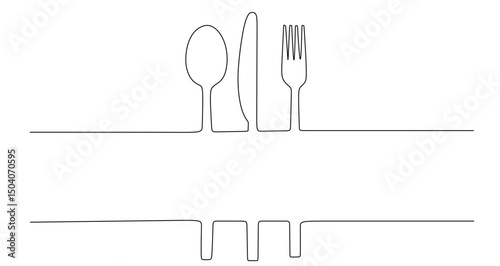 art of a continuous line drawing of a spoon, knife, and fork. this icon is for a restaurant logo sticker or banner