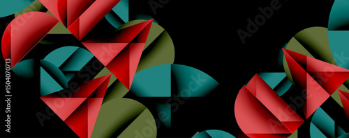 Abstract geometric shapes form hearts. Red, teal, olive hues dominate composition. Minimalist design, modern aesthetic.