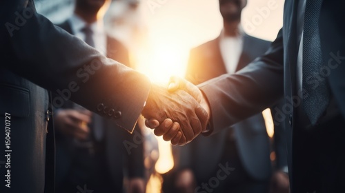 Close-Up of Professional Handshake Between Two Business Executives Against a Sunset in an Outdoor Setting