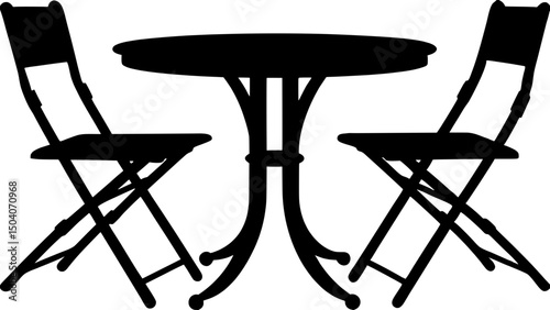 Black and white vector silhouette of a small bistro table with two folding chairs, angled outward, in a flat illustrative style suitable for signage.