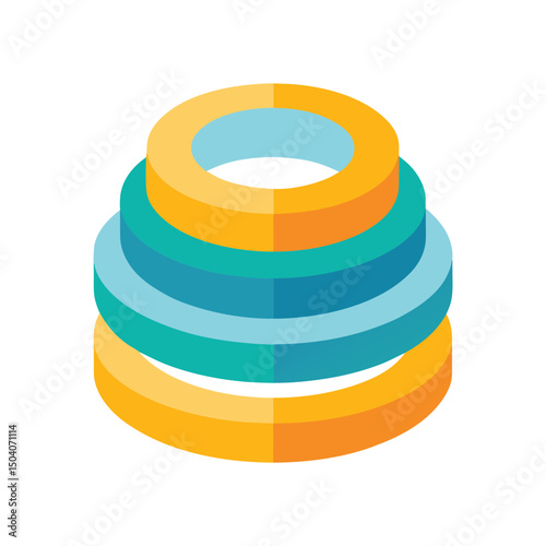 Isometric illustration of a multilayered cylinder structure with light and dark blue and yellow tones