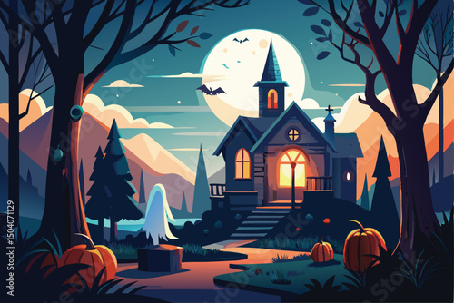 Enthralling Halloween Night. Spooky House in Dark Forest