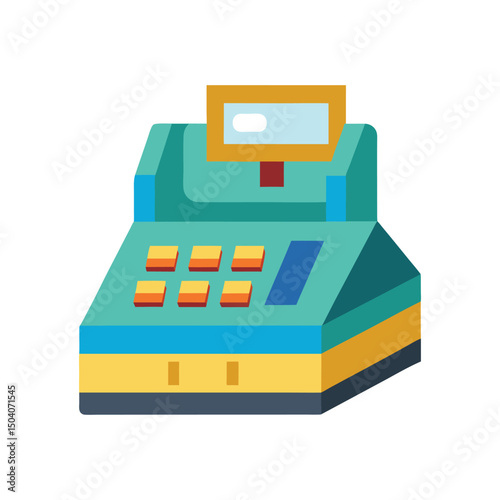 Retro style teal and yellow cash register illustration for retail sales