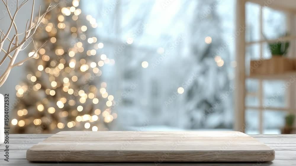 Festive Christmas scene featuring a bokeh lit tree with blank wooden surface for product placement