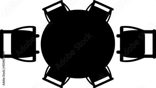 Overhead view of a simple silhouette arrangement of a round table with three chairs evenly spaced around it, all in a flat, minimalist graphic design.