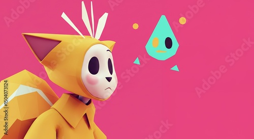 Cartoon fox creature with floating figure on pink background