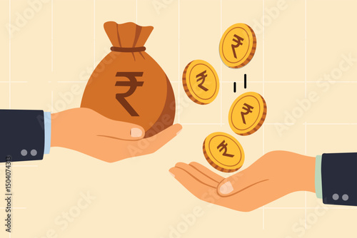 One hand offers a rupee bag while another receives coins, symbolising transactions, payments, donations, or financial exchanges