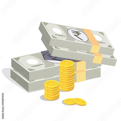 A bundle of Indian Rupee banknotes placed beside a gold coin, symbolizing wealth, savings, and financial prosperity