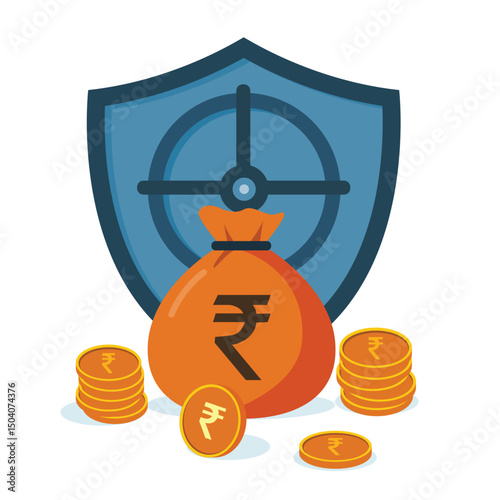 Rupee bag secured by a shield or vault door, with scattered coins outside, symbolising strong financial security and protection