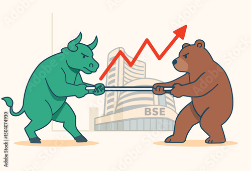 A bull and bear engage in a tug-of-war over a stock chart, symbolising market volatility and investor sentiment