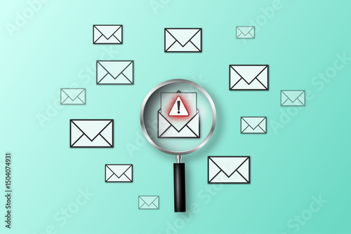 Email threat detection concept with magnifying glass zooming in on a warning symbol over envelope, representing spam, phishing, virus, and fraud alerts.


