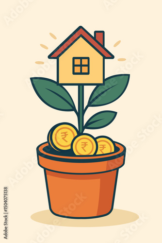 Real estate investment growth concept with a house blooming from coins in a flower pot