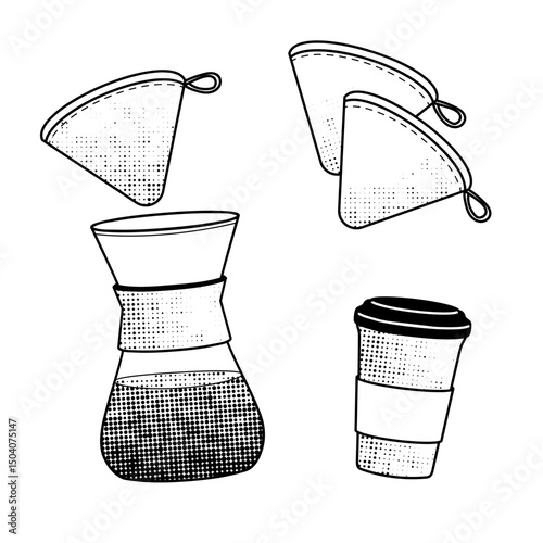 manual drip  Coffee Maker, reusable cloth filters, reusables coffee glass with cap, black and white line art for eco-friendly living