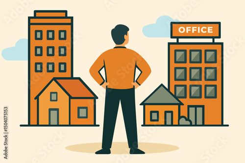 Person standing in front of different property types, representing diverse real estate investment