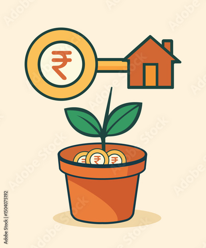 Plant growing coins with the Indian Rupee symbol, investment growth and real estate