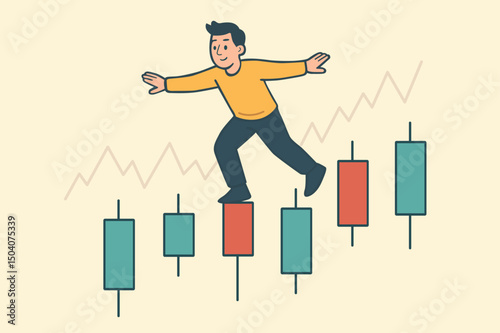 Man balancing on candlestick chart bars, symbolizing navigating the ups and downs of the stock market