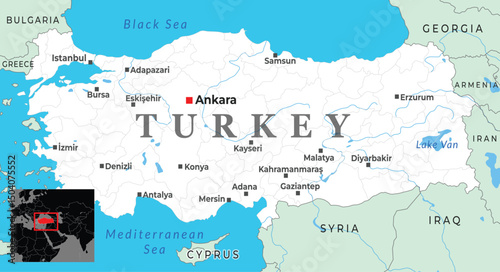 Map of Turkey with major cities, borders, and neighboring countries
