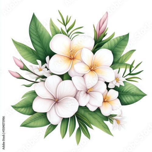 Beautiful Floral Arrangement with Tropical Flowers and Green Leaves