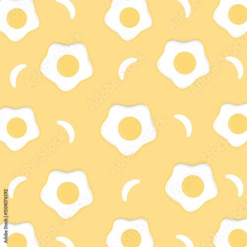 Fried Egg Pattern in Flat Cartoon Style on Yellow Background for Kitchen Wallpaper, Wrapping Paper, Fabric Print and Breakfast Themed Designs