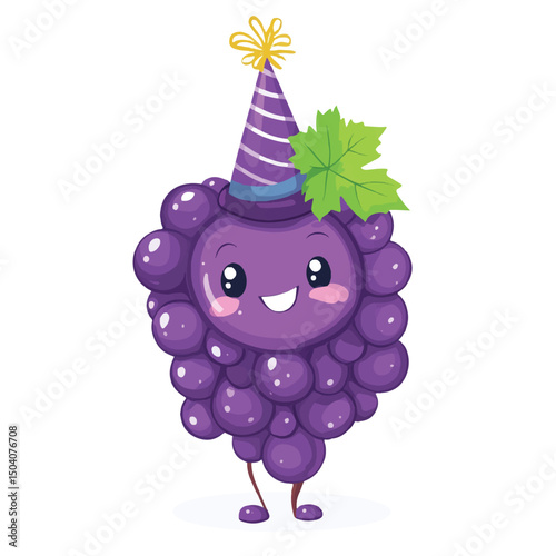 a cute cheerful grapes bunch wearing party hat