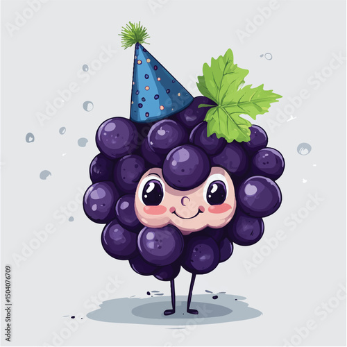 a cute cheerful grapes bunch wearing party hat