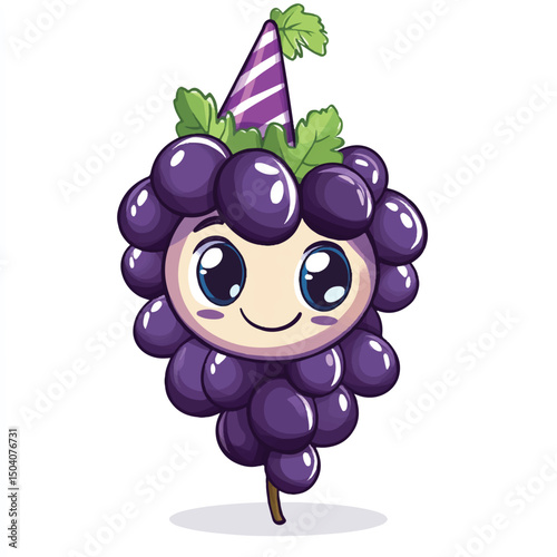 a cute cheerful grapes bunch wearing party hat