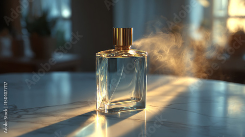 Luxury perfume bottle in golden sunlight