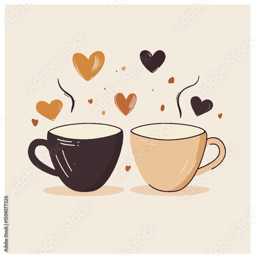 cute coffee cups and_hearts on light brown background