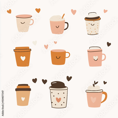 cute coffee cups and_hearts on light brown background