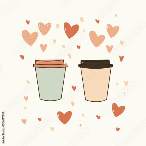 cute coffee cups and_hearts on light brown background