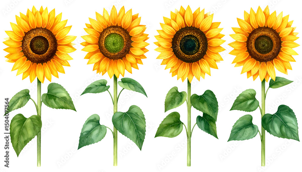 Obraz premium watercolor set of four sunflowers with green leaves, isolated on transparent background 