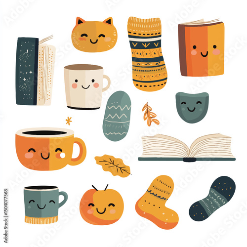 cute cozy daily objects mug socks book with faces