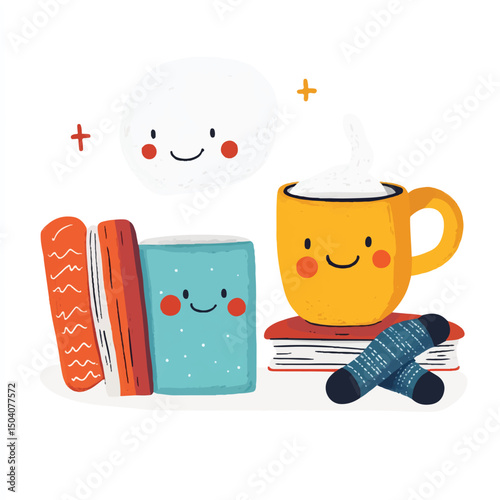 cute cozy daily objects mug socks book with faces
