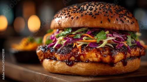 Grilled chicken sandwich with slaw on sesame bun in warm bokeh restaurant setting.