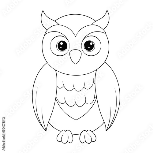 Cartoon owl with large eyes and hornlike feathers stands outlined against white
